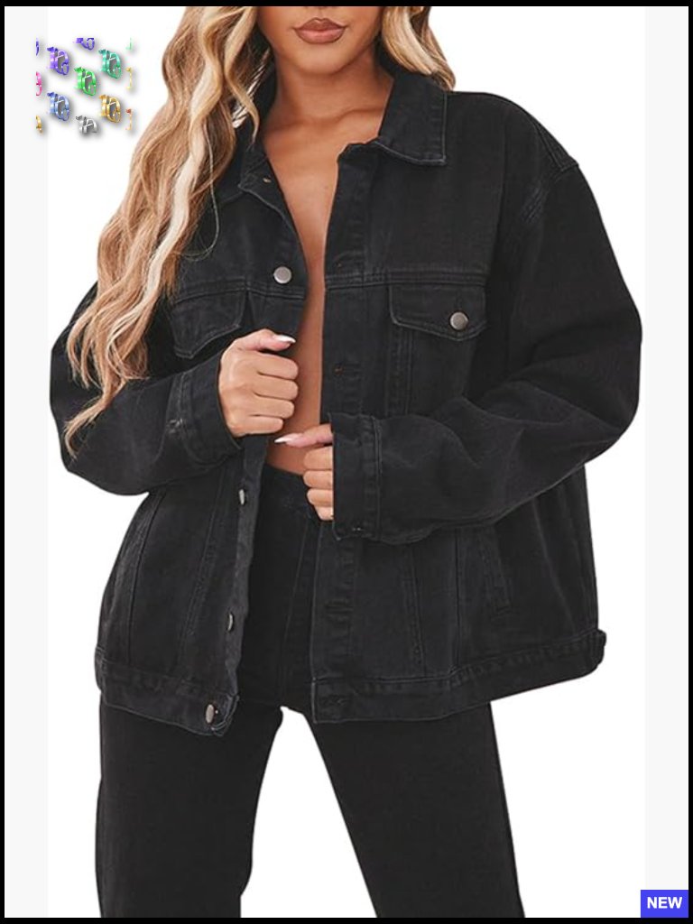 Oversized Denim Jacket Distressed Trucker Long Sleeve Button Down Casual Classic